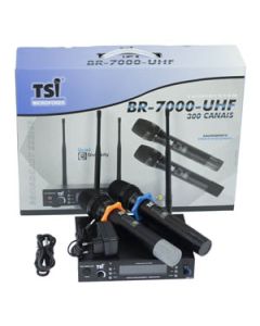 Kit c/ 02 Microfones Sem Fio Profissional 300 Canais TSI BR7000 UHF + Estojo e Acessórios